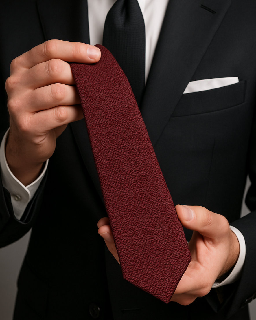 Håller upp en slips i rött grenadine tyg
